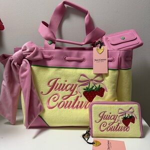 Juicy Couture Strawberry Tote Bag Set Y2K yellow Bow Purse + Wallet Pouch NWT